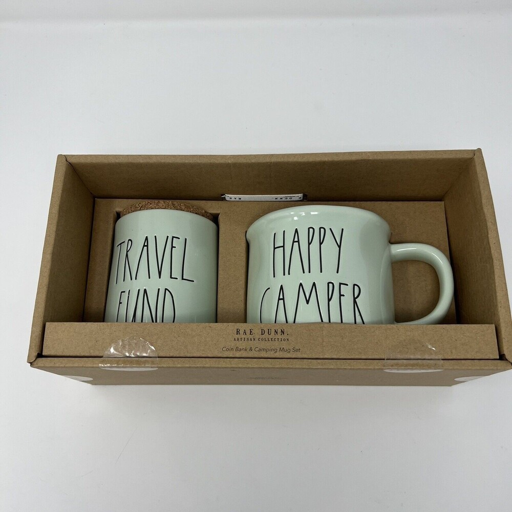 Rae Dunn Travel Fund Coin Bank Change Jar Camping Travel Set Happy Camper Mug